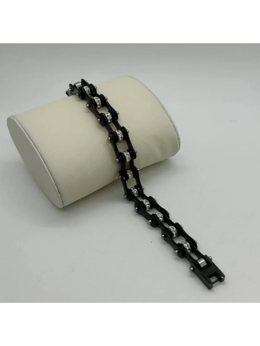 Black Stainless Steel Motorcycle Bike Chain Bracelet With Rhinestone Studs - Picture 9 of 11